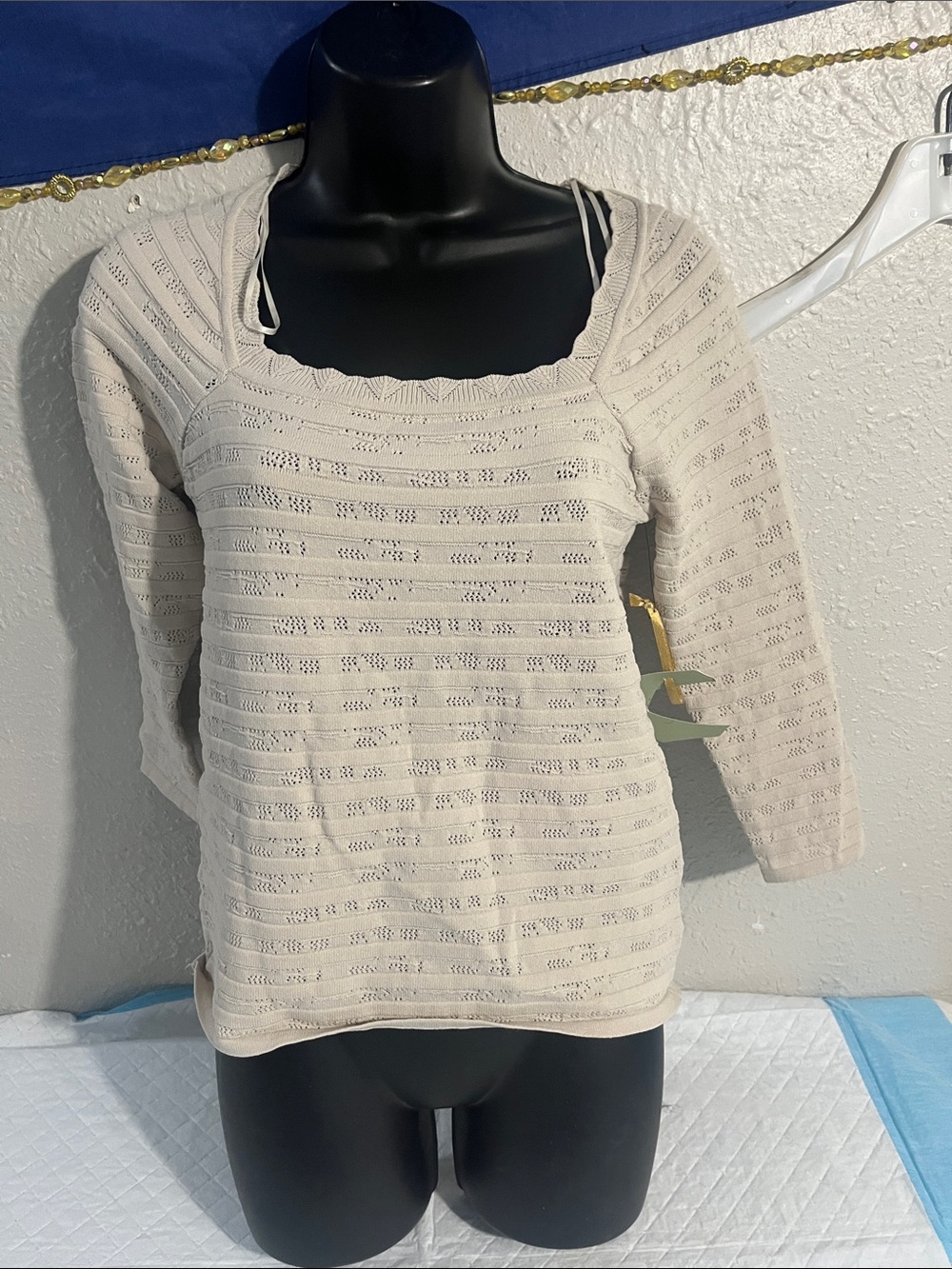 Women's Cream Open-Knit Square Neck Tunic Top